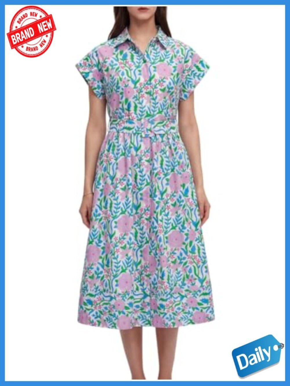 Women's Cotton Floral Midi Dress, Short Sleeve Button Down with Pockets